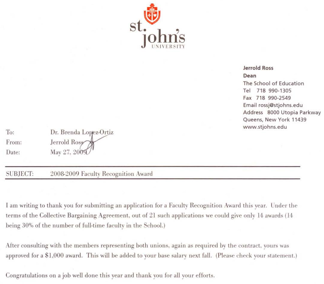 2009 St. John's Faculty Recognition Award letter